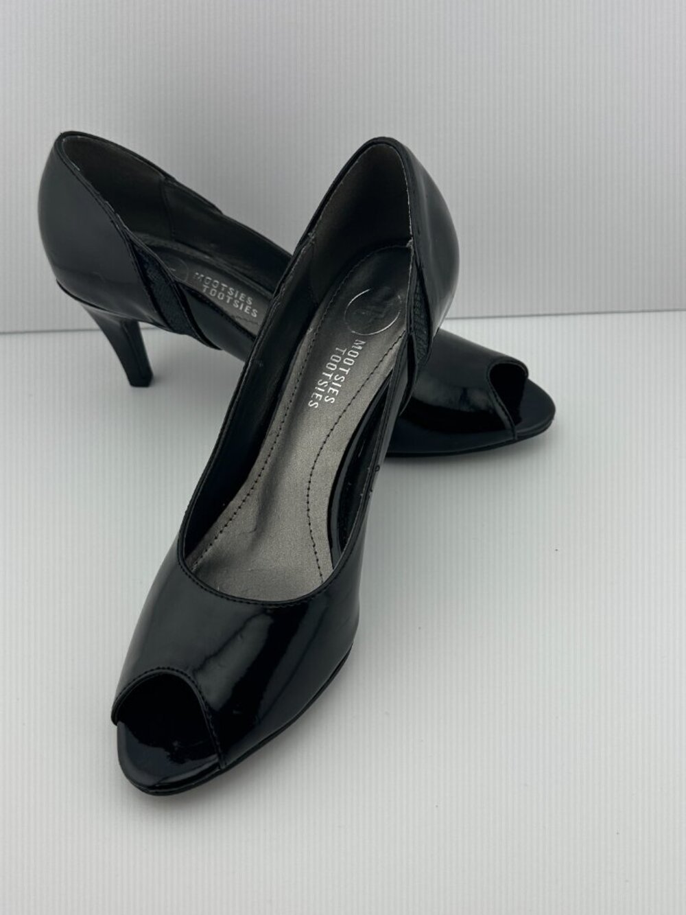 MOOTSIES TOOTSIES BLACK HIGH GLOSS PATENT PEEP-TOE KITTEN HEEL PUMPS SIZE 7M - Picture 5 of 12